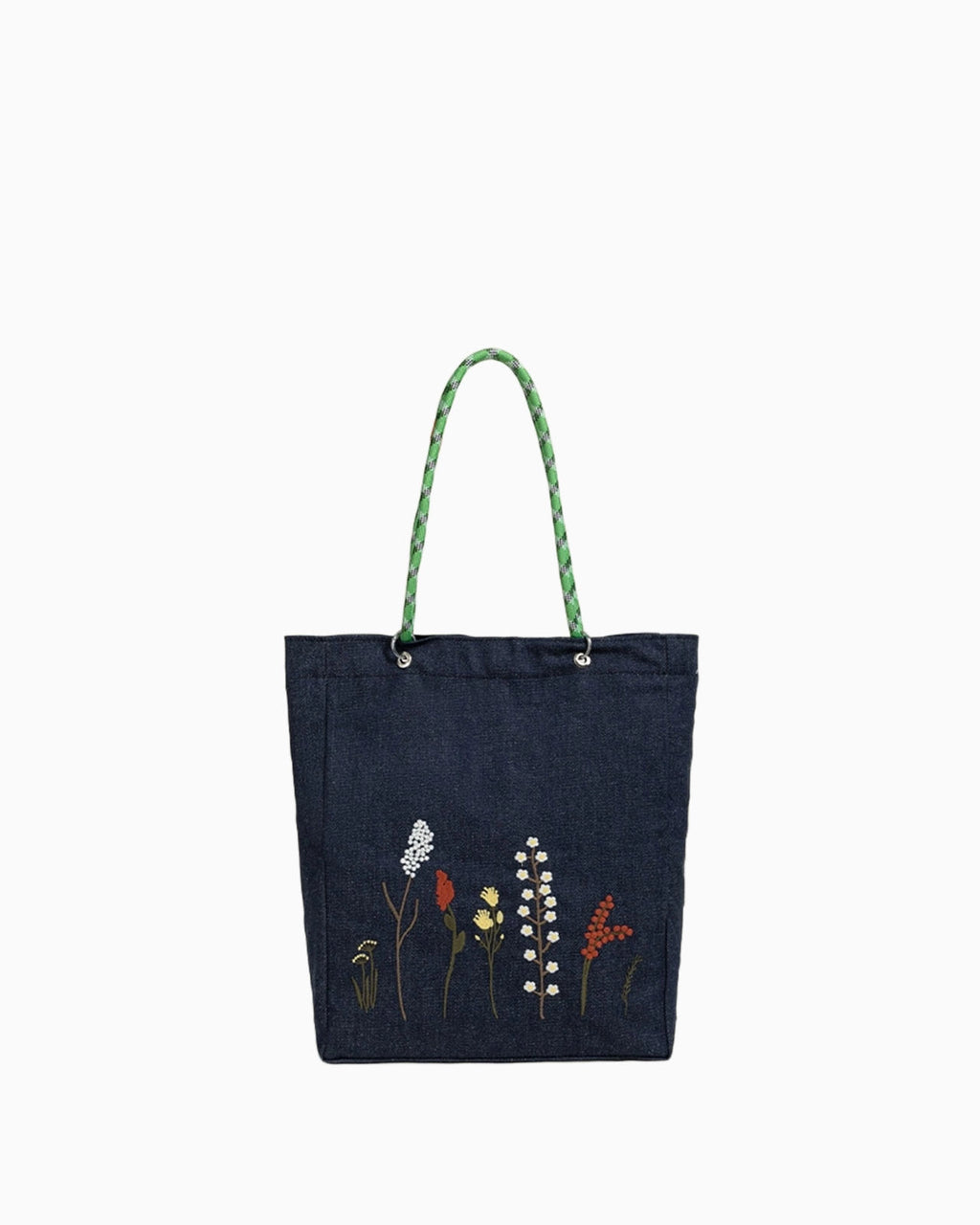 Forest Trail shoulder bag, made of eco-friendly denim with hand-embroidered wildflower decorations.