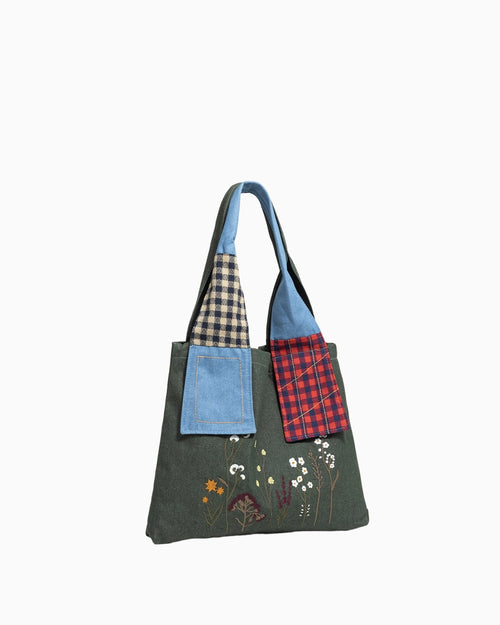 Meadow Walk tote bag, army green, embroidered floral pattern.